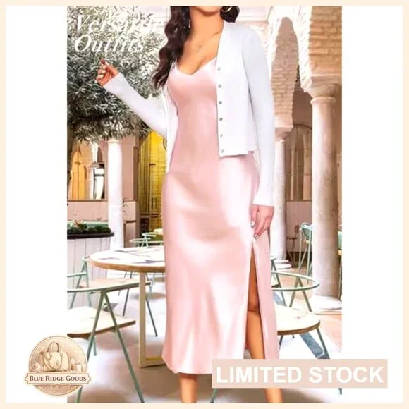 Long Satin Slip Dress Nightgown Adjustable Straps V Neck Midi